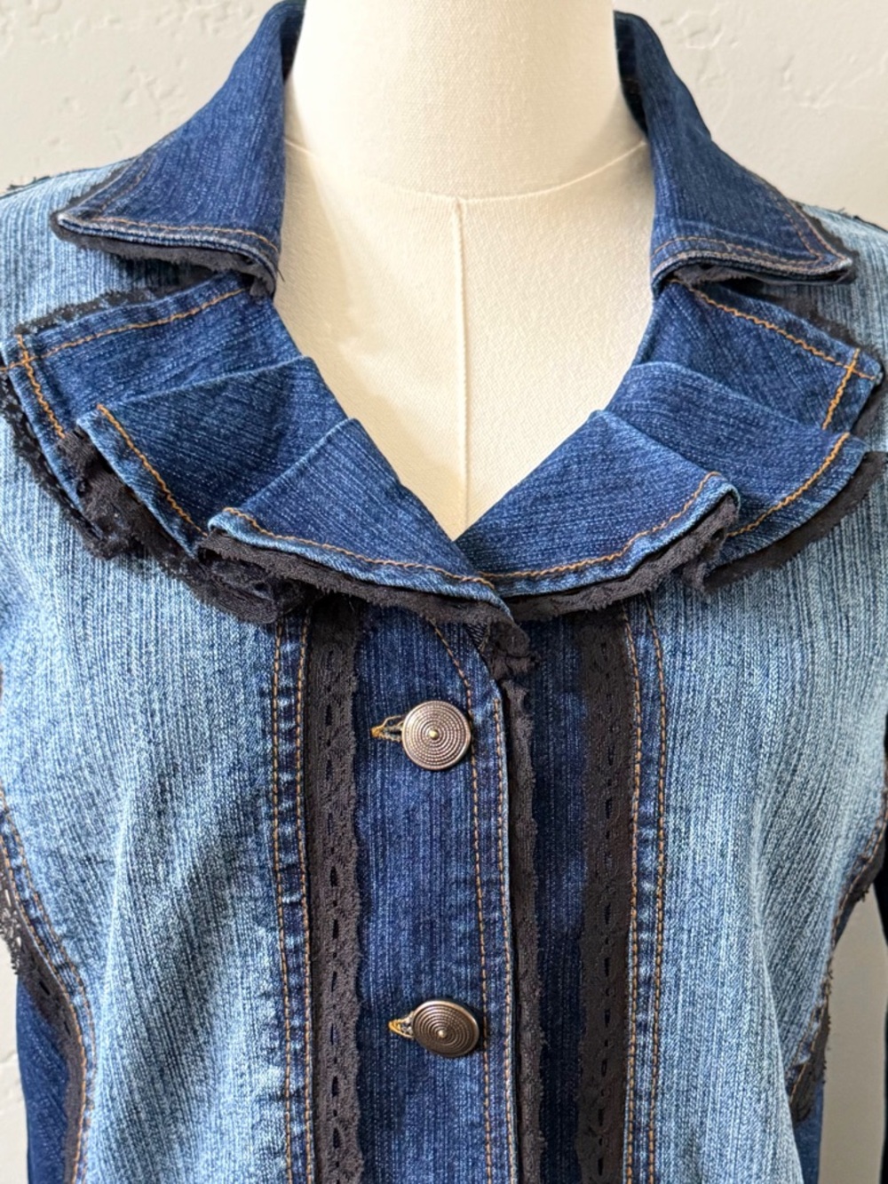 The Pyramid Collection Whimsigoth Denim Peplum Jacket Witchy Lace L - Picture 7 of 13